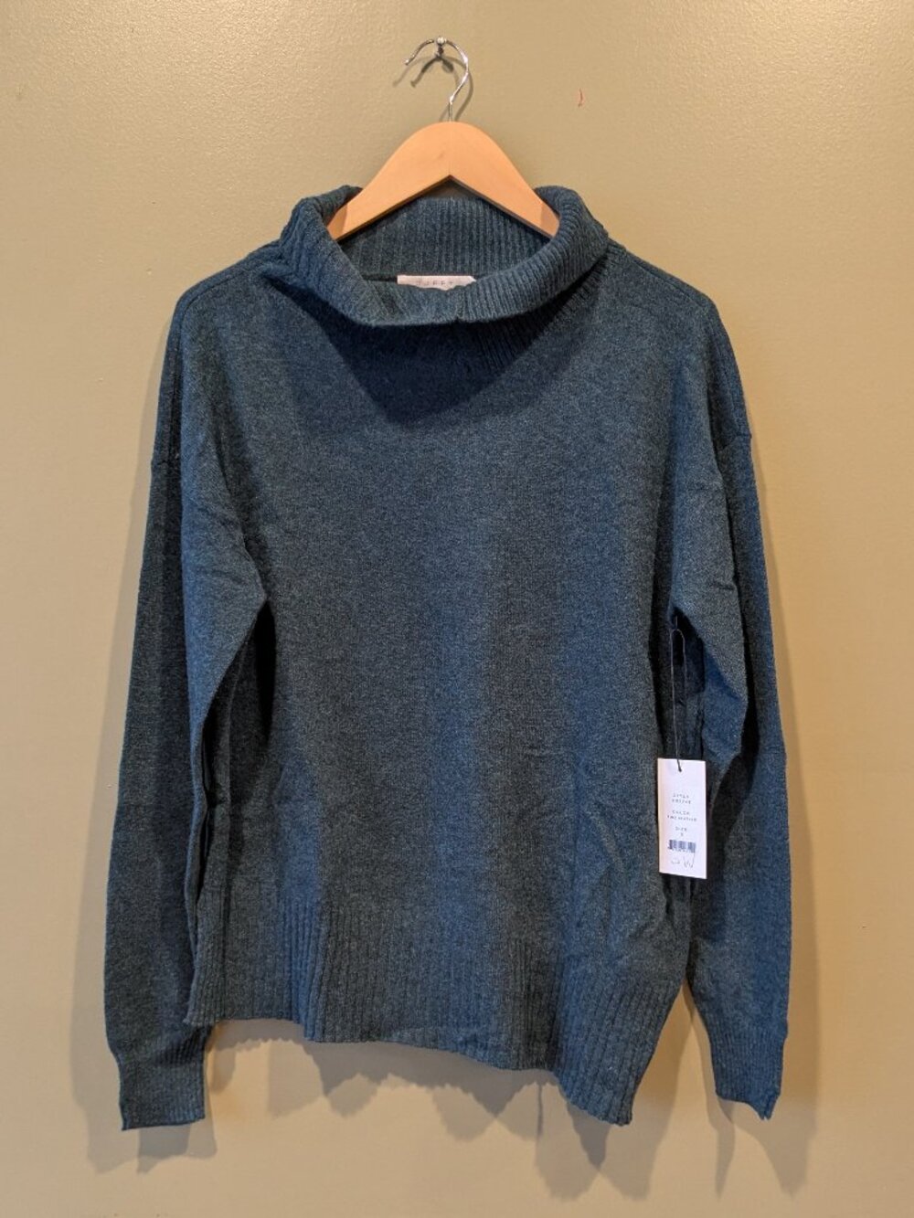 DUFFY 100% Cashmere Funnel Cowl Roll Neck Sweater Small Teal Pine Blue NWT